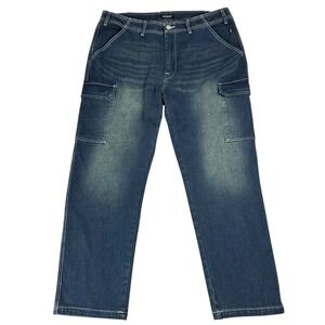 True Religion Cargo Pants Jeans Mens 36x34 Blue Denim Relaxed Straight Y2K NEW